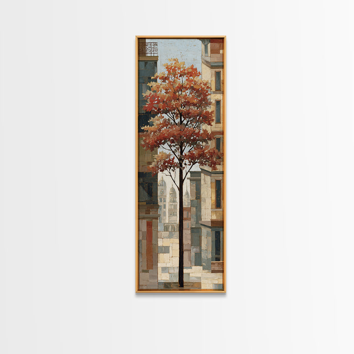 City Park Tree Framed by Buildings Framed Canvas Print, Urban Art, Canvas Painting, Living Room Decor, Oil Painting, Urban, URB-1x3-54