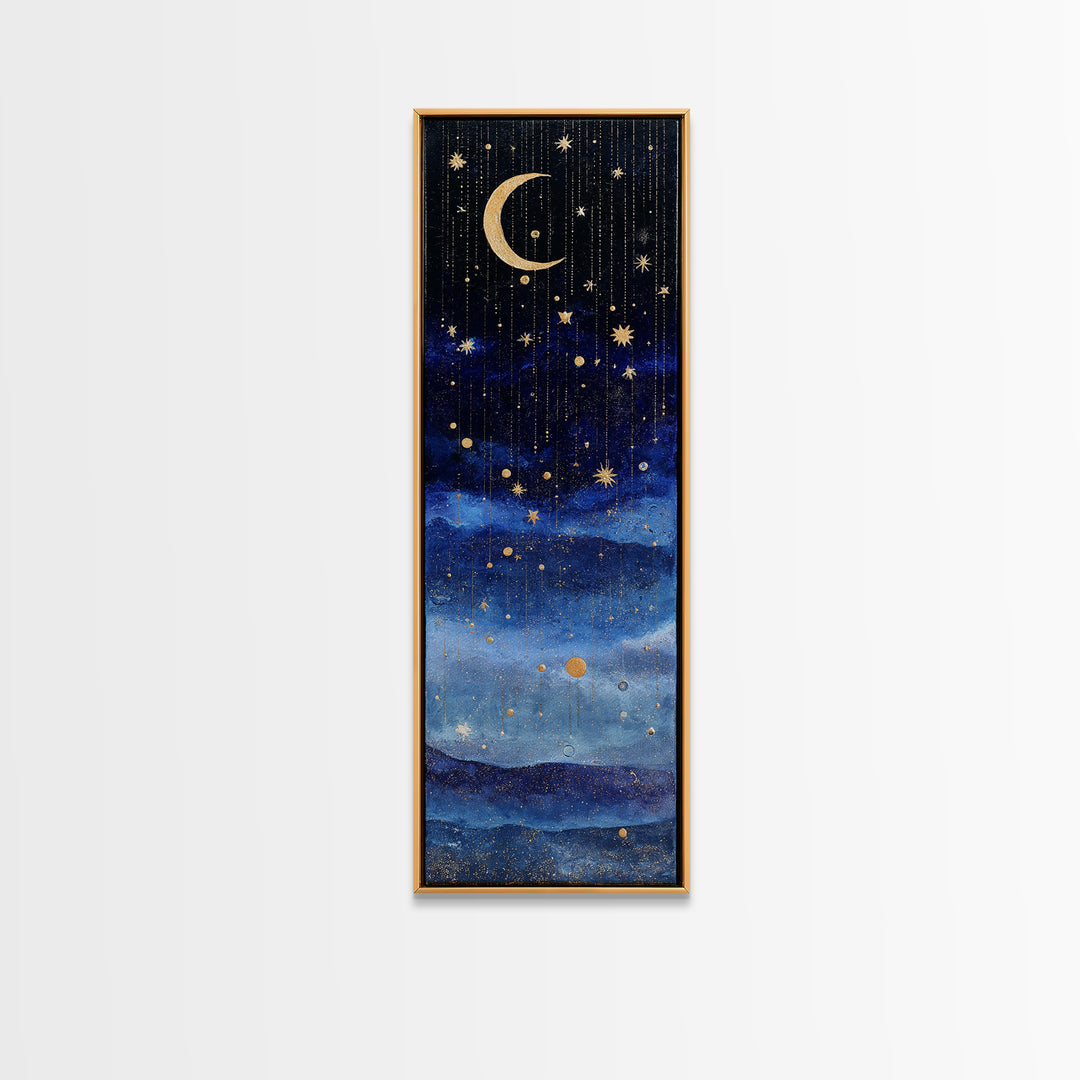 Night Skyline under Crescent Moon Canvas Print, Urban Art, Wall Decor, Living Room Decor, Fine Art, Urban, Living Room Wall Art, URB-1x3-60