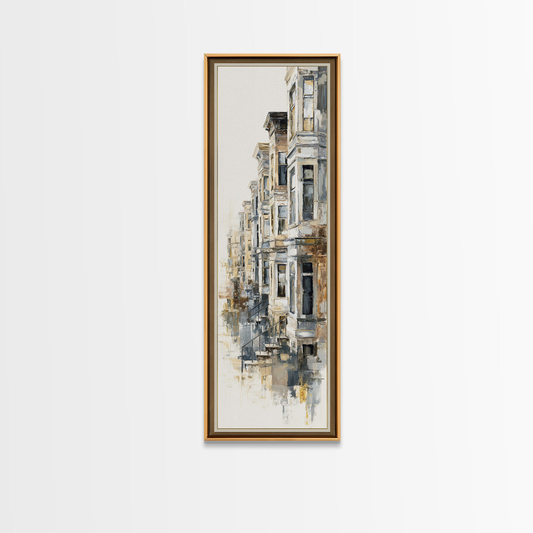 Brownstone Row in Soft Morning Light Canvas Print, Urban Art, Black Art, Living Room Decor, Fine Art, Urban, Canvas Painting, URB-1x3-72