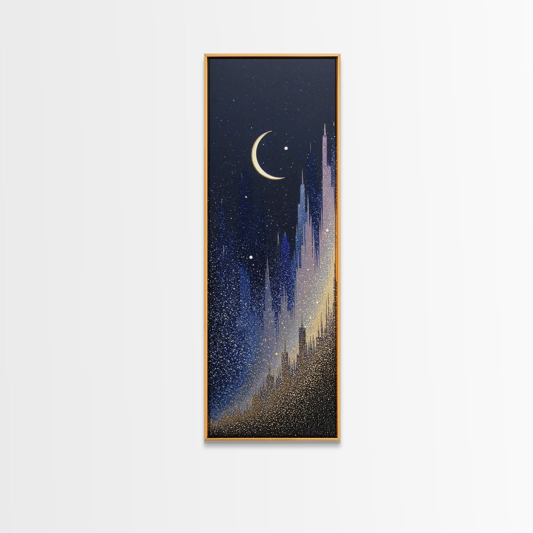Night Skyline under Crescent Moon Framed Canvas Print, Urban Art, Original Art, Living Room Decor, Urban, Black Woman Art, URB-1x3-84