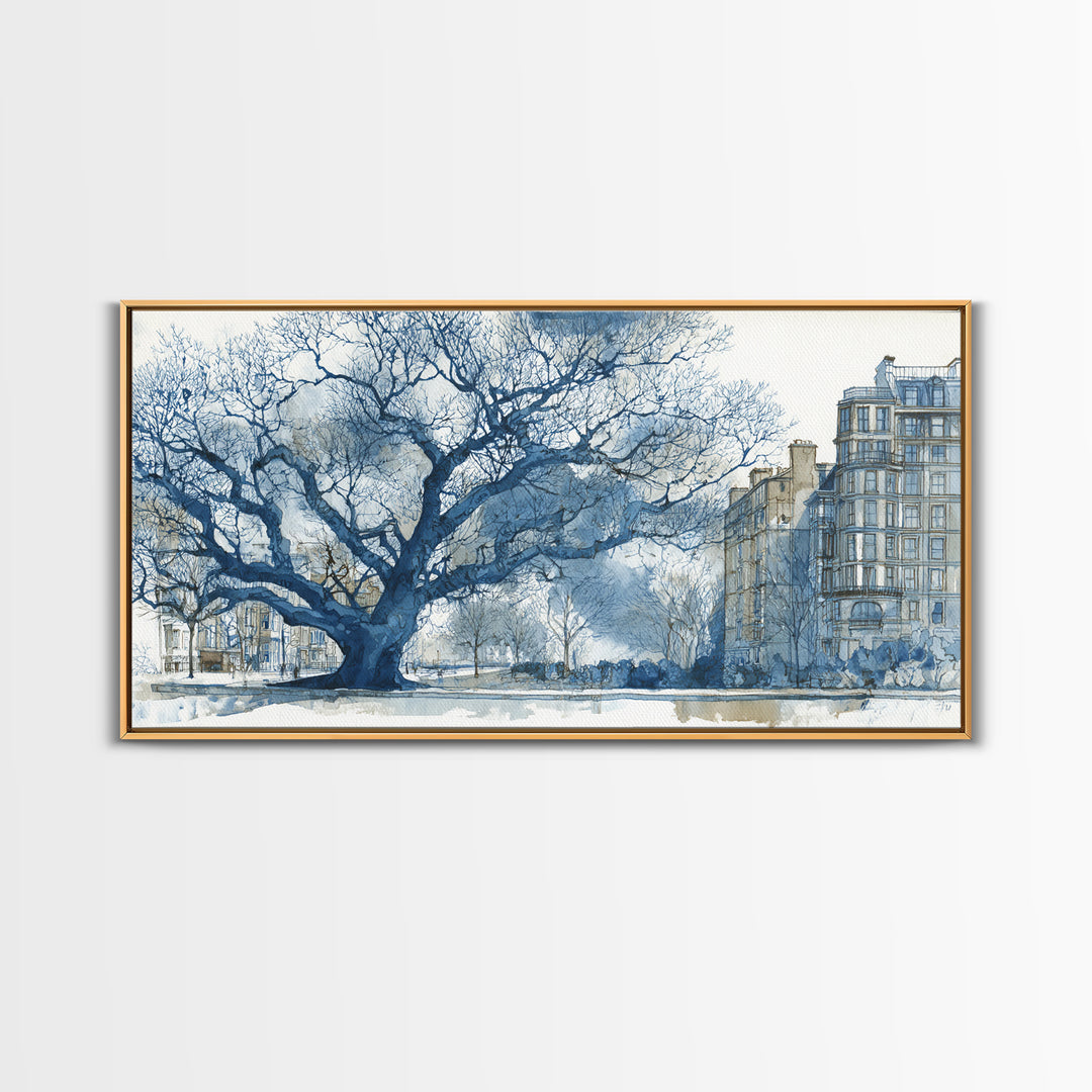 City Park Tree Framed by Buildings Framed Canvas Print, Urban Art, Fine Art Print, Living Room Decor, Watercolor Art, Urban, URB-2x1-14