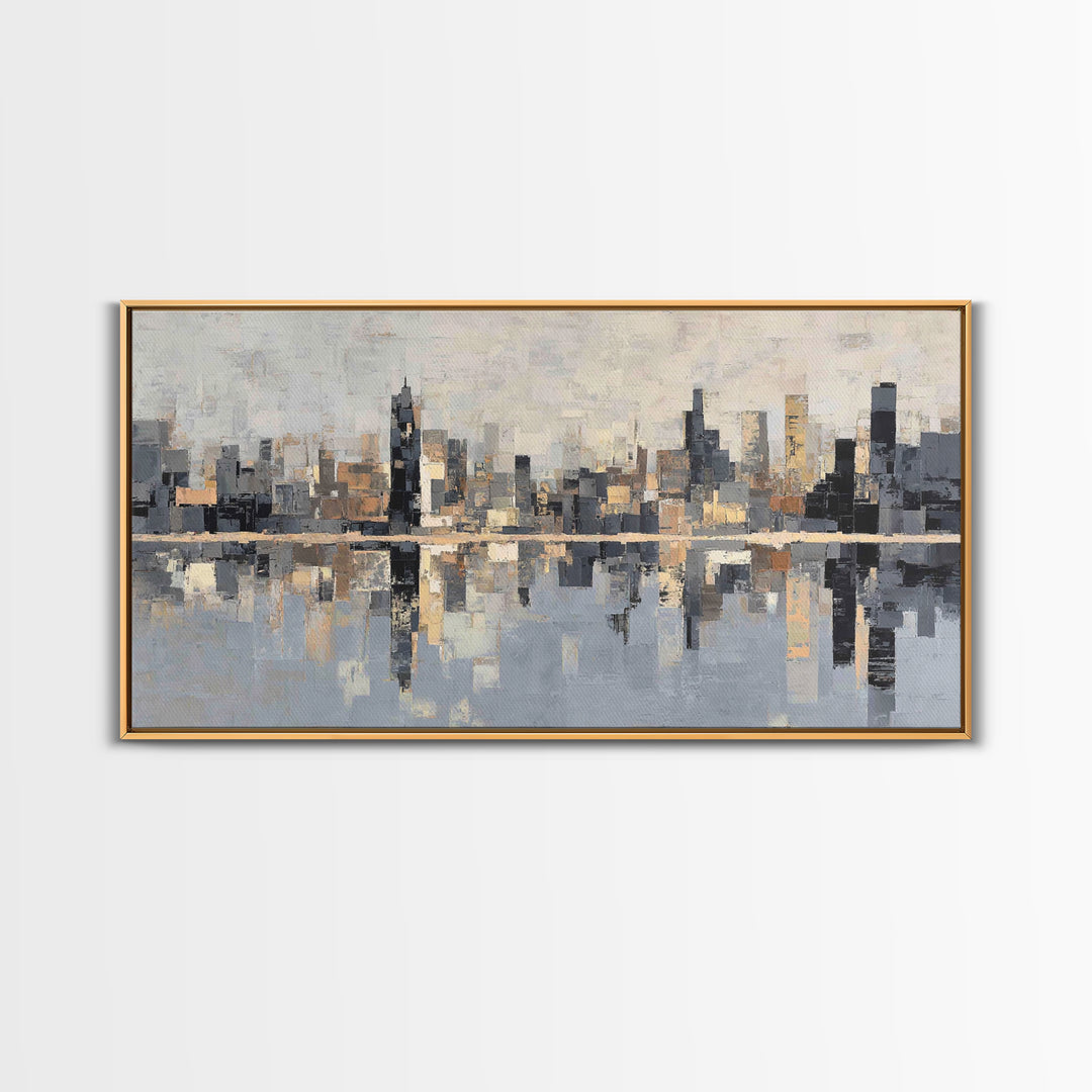 Moody City Skyline Reflected Framed Canvas Print, Urban Art, Original Painting, Living Room Decor, Urban, African American Art, URB-2x1-45