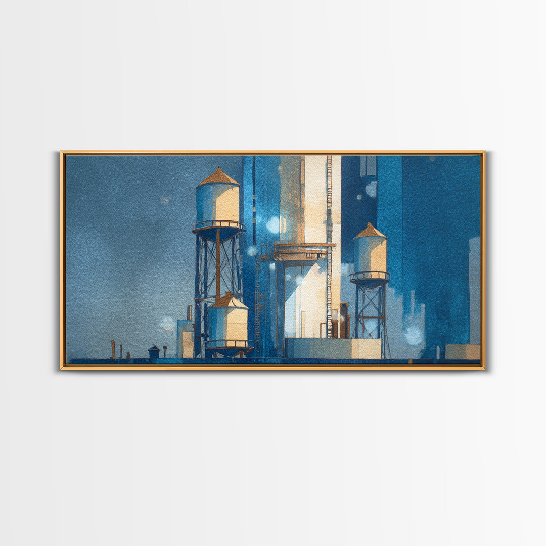 Rooftop Water Tower Framed Canvas Print, Urban Art, Poster, Living Room Decor, Watercolor Art, Urban, Modern Wall Art, URB-2x1-5
