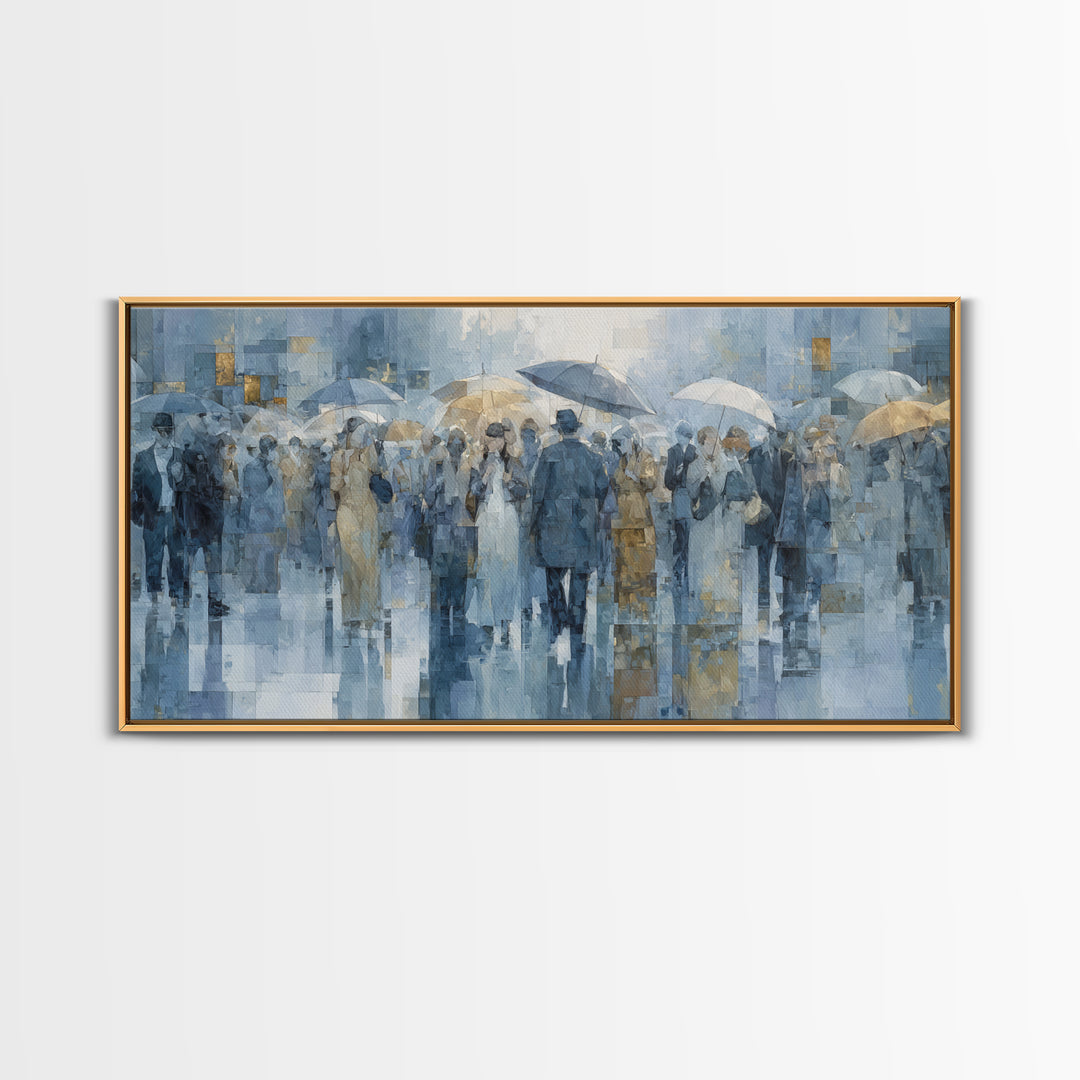 Rain Umbrella Figures Canvas Print, Urban Art, Oil Painting, Living Room Decor, Urban, Black Art Prints, Book Shelf Decor, URB-2x1-64