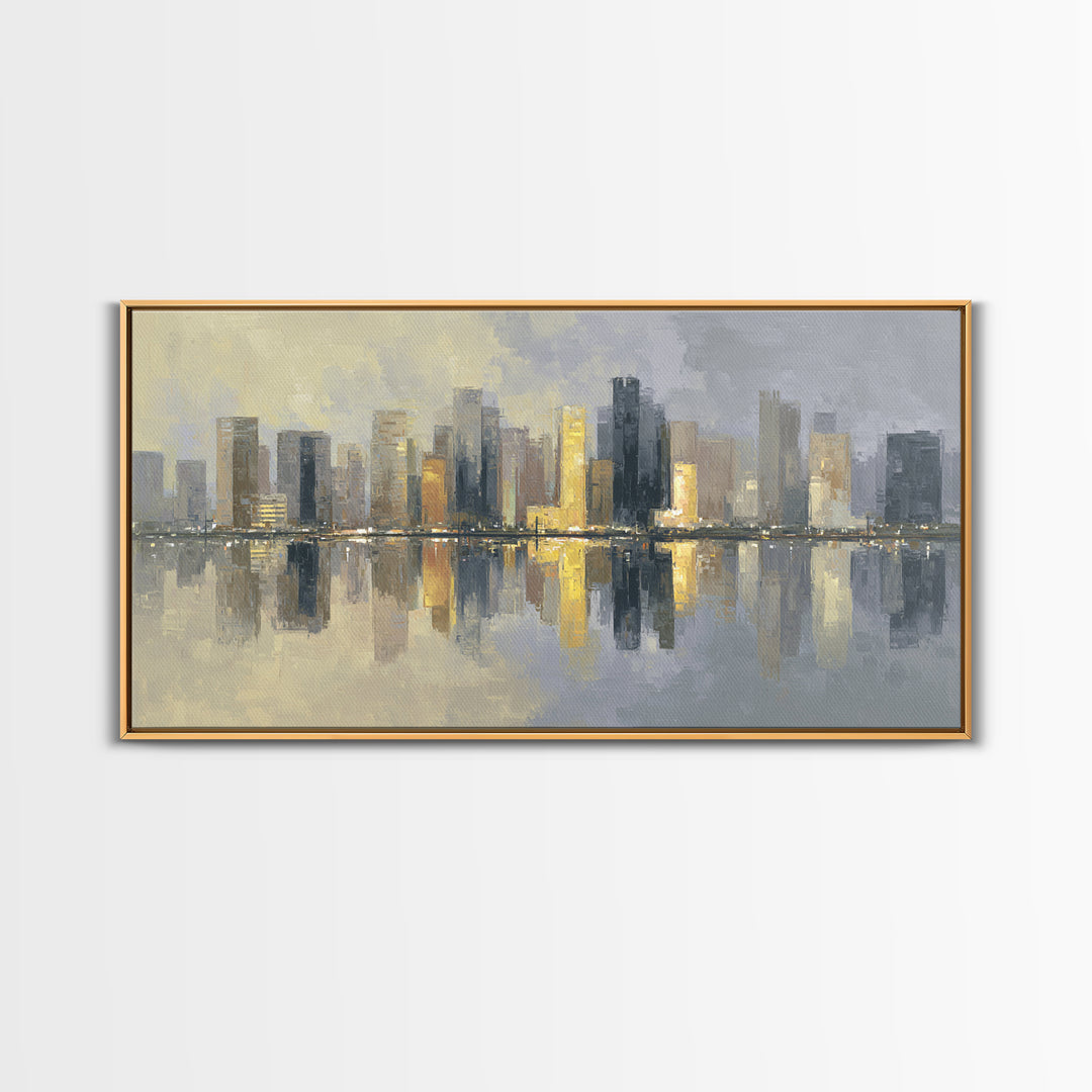 Moody City Skyline Reflected Canvas Print, Urban Art, Black Art, Living Room Decor, Abstract Art, Urban, Canvas Painting, URB-2x1-69