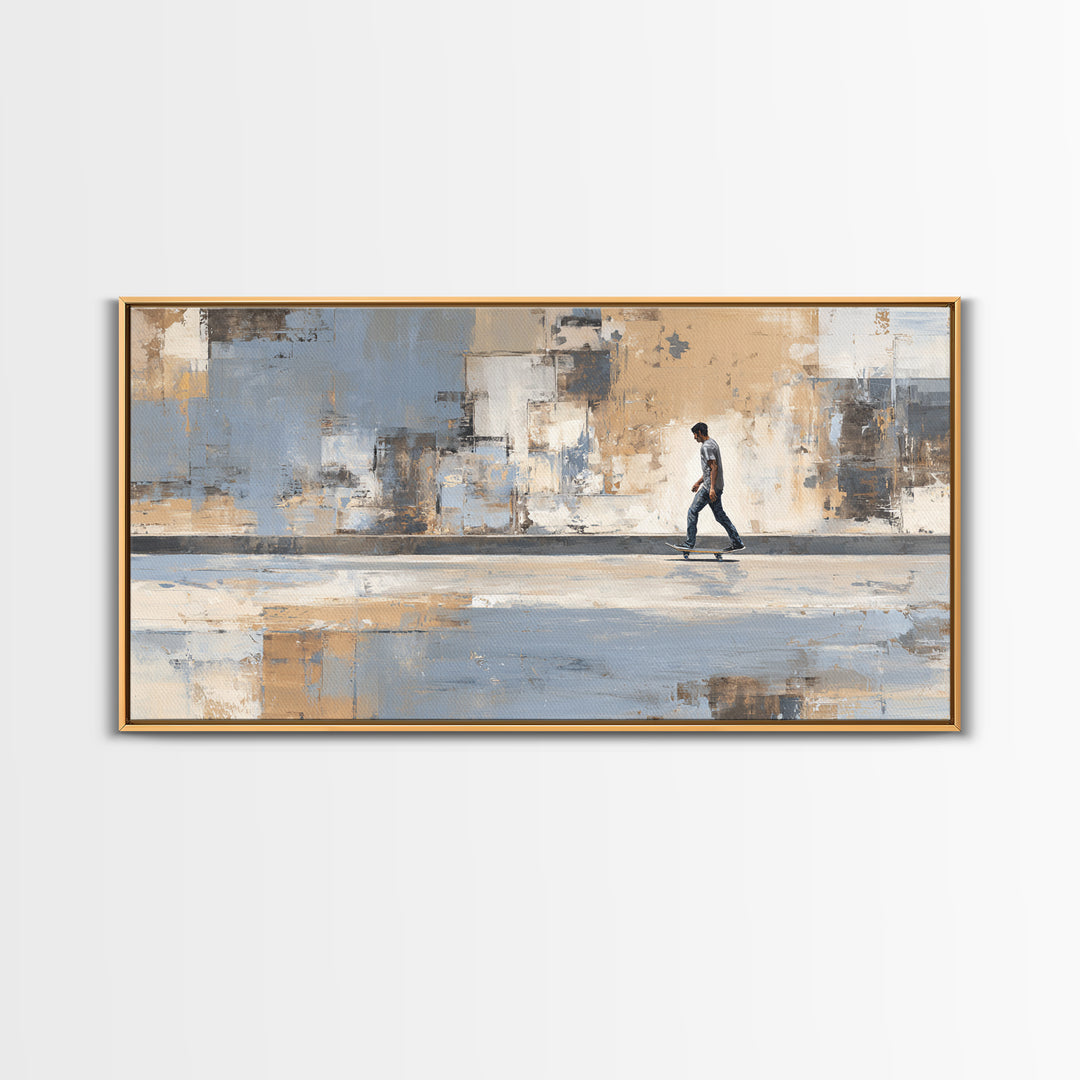 Skateboarder Crossing a Concrete Plaza Framed Canvas Print, Urban Art, Boho Decor, Living Room Decor, Fine Art, Urban, URB-2x1-75
