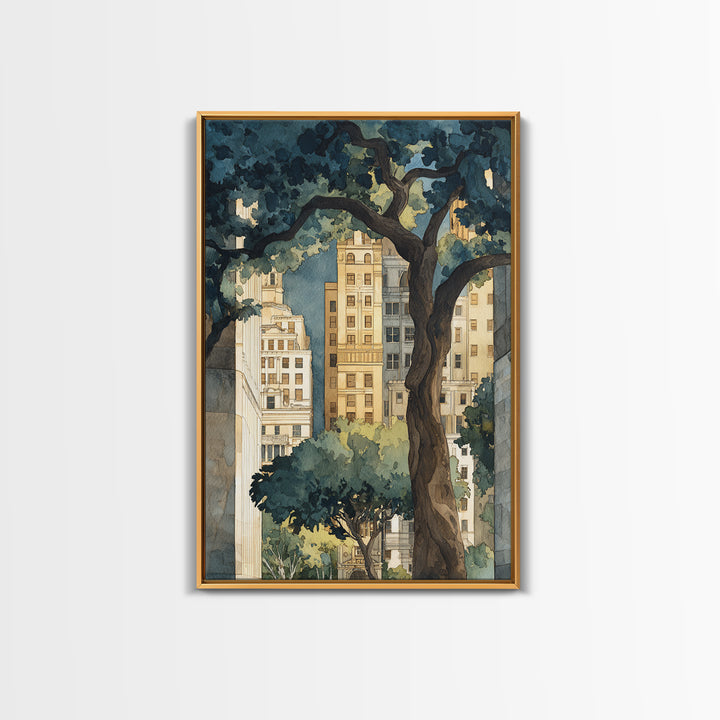 City Park Tree Framed by Buildings Framed Canvas Print, Urban Art, Boho Decor, Living Room Decor, Abstract Art, Urban, URB-2x3-2