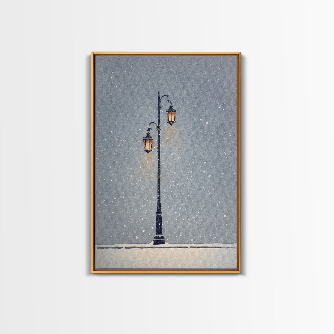 Streetlamp and Falling Snow Framed Canvas Print, Urban Art, Contemporary Art, Living Room Decor, Oil Painting, Urban, URB-2x3-21