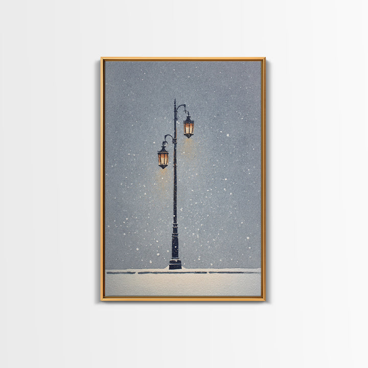 Streetlamp and Falling Snow Framed Canvas Print, Urban Art, Contemporary Art, Living Room Decor, Oil Painting, Urban, URB-2x3-21