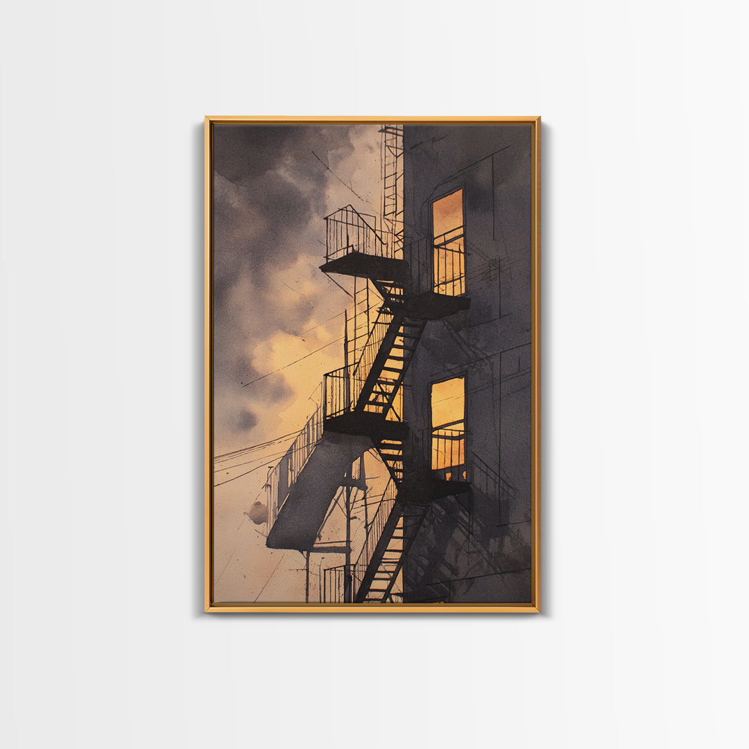 Fire Escape Silhouette Framed Canvas Print, Urban Art, Contemporary Art, Living Room Decor, Fine Art, Urban, Black Art, URB-2x3-34