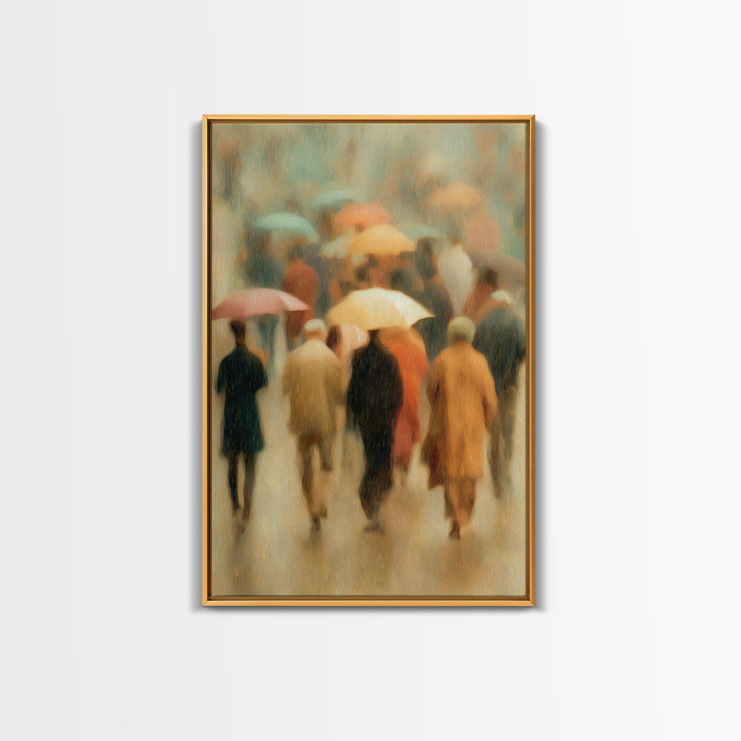 Rain Umbrella Figures Framed Canvas Print, Urban Art, Statement Artwork, Living Room Decor, Fine Art, Urban, Wall Decor, URB-2x3-4