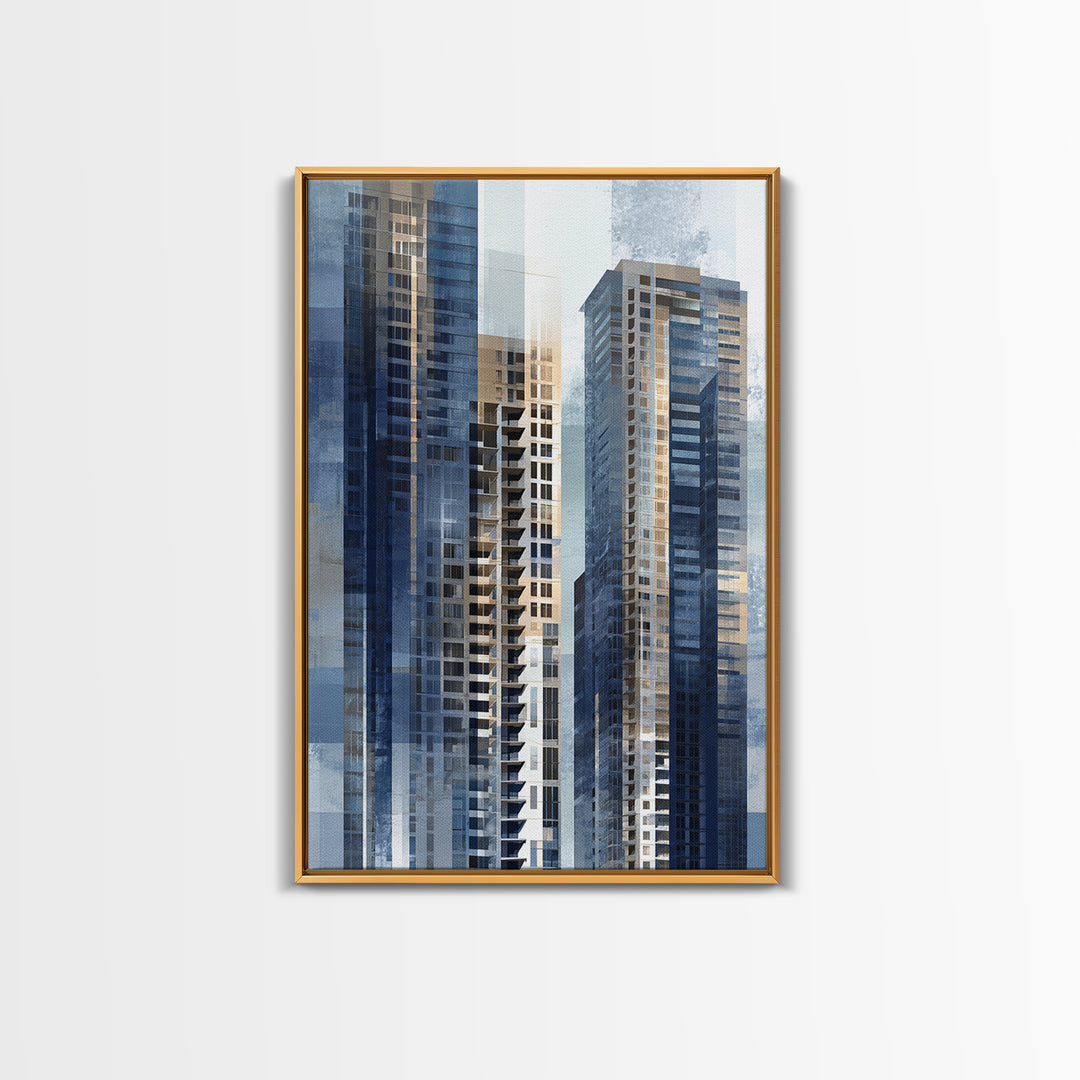 Modern Skyscraper Glass Reflections Framed Canvas Print, Urban Art, Textured Painting, Living Room Decor, Fine Art, Urban, URB-2x3-46