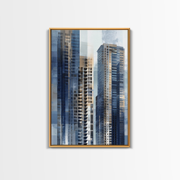 Modern Skyscraper Glass Reflections Framed Canvas Print, Urban Art, Textured Painting, Living Room Decor, Fine Art, Urban, URB-2x3-46