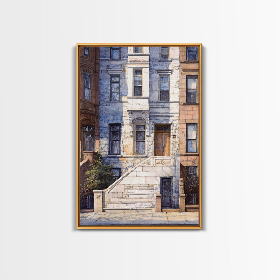 Brownstone Row in Soft Morning Light Framed Canvas Print, Urban Art, Art Deco, Living Room Decor, Urban, Book Shelf Decor, URB-2x3-68
