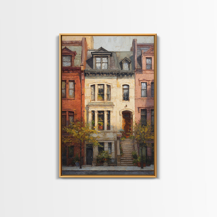 Brownstone Row in Soft Morning Light Framed Canvas Print, Urban Art, Gallery Decor, Living Room Decor, Abstract Art, Urban, URB-2x3-92