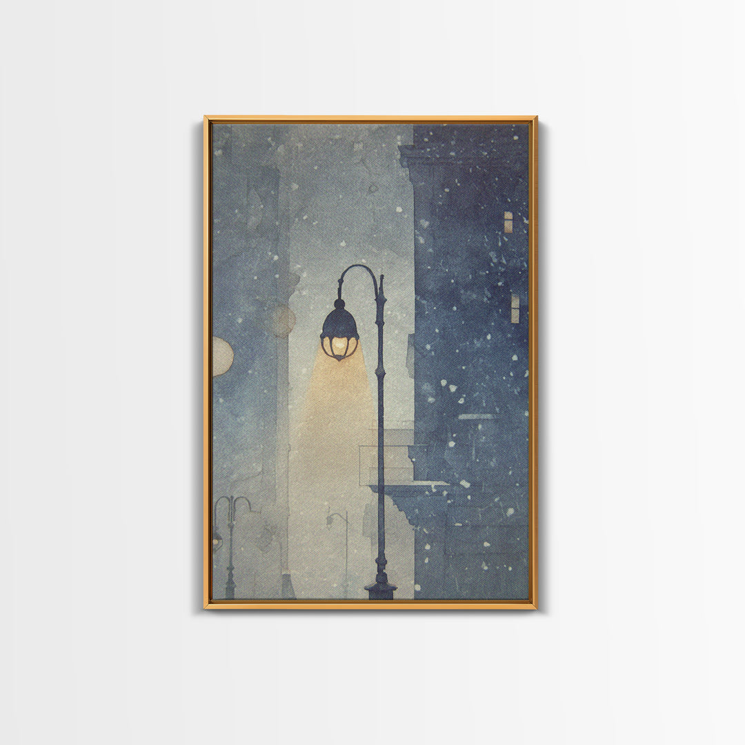 Streetlamp and Falling Snow Framed Canvas Print, Urban Art, Textured Wall Art, Living Room Decor, Urban, Digital Download Art, URB-2x3-93