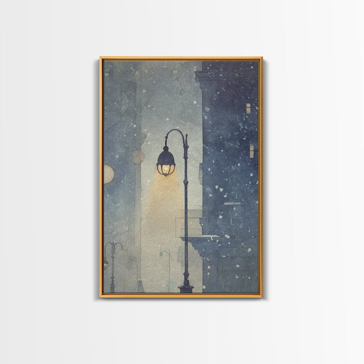 Streetlamp and Falling Snow Framed Canvas Print, Urban Art, Textured Wall Art, Living Room Decor, Urban, Digital Download Art, URB-2x3-93