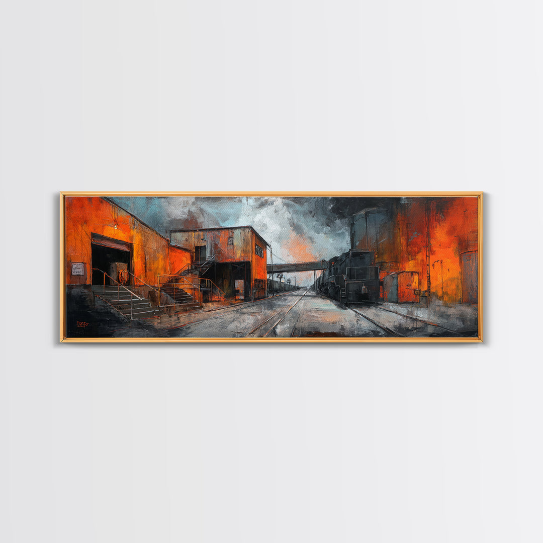Industrial Rail Tracks Leading into City Canvas Print, Urban Art, Queer Art, Living Room Decor, Fine Art, Urban, URB-3x1-14