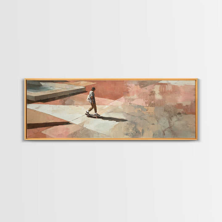 Skateboarder Crossing a Concrete Plaza Framed Canvas Print, Urban Art, Boho Decor, Living Room Decor, Fine Art, Urban, URB-3x1-23