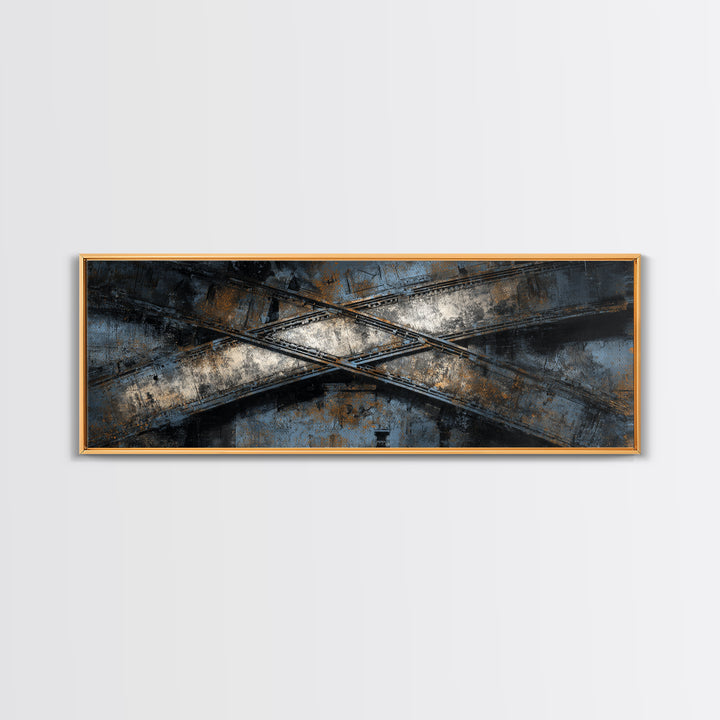 Industrial Rail Tracks Leading into City Canvas Print, Urban Art, Art Deco, Living Room Decor, Urban, Book Shelf Decor, URB-3x1-38