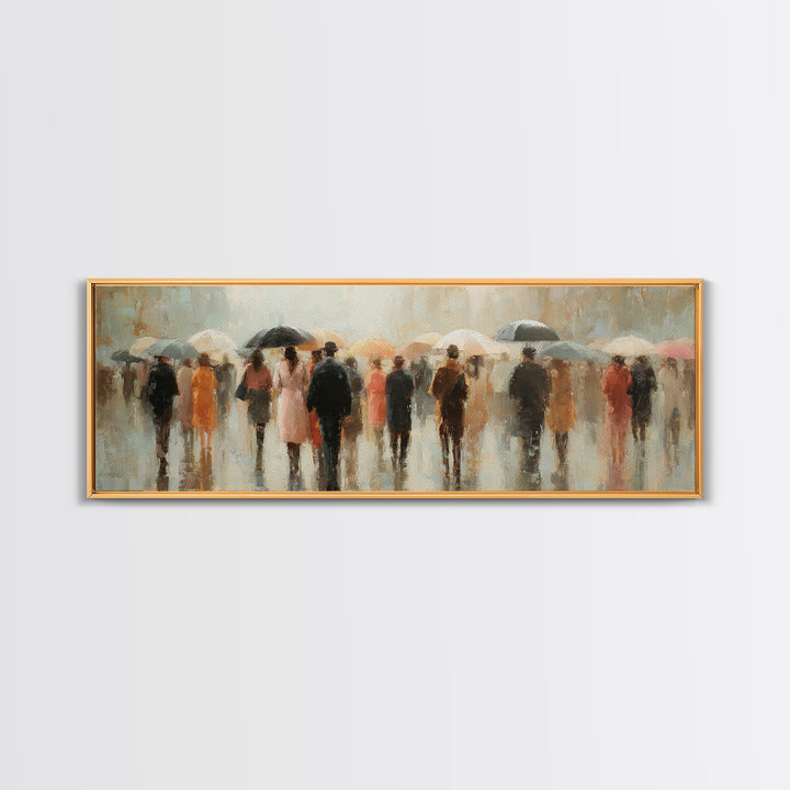 Rain Umbrella Figures Framed Canvas Print, Urban Art, Boho Decor, Living Room Decor, Fine Art, Urban, Digital Prints, URB-3x1-60