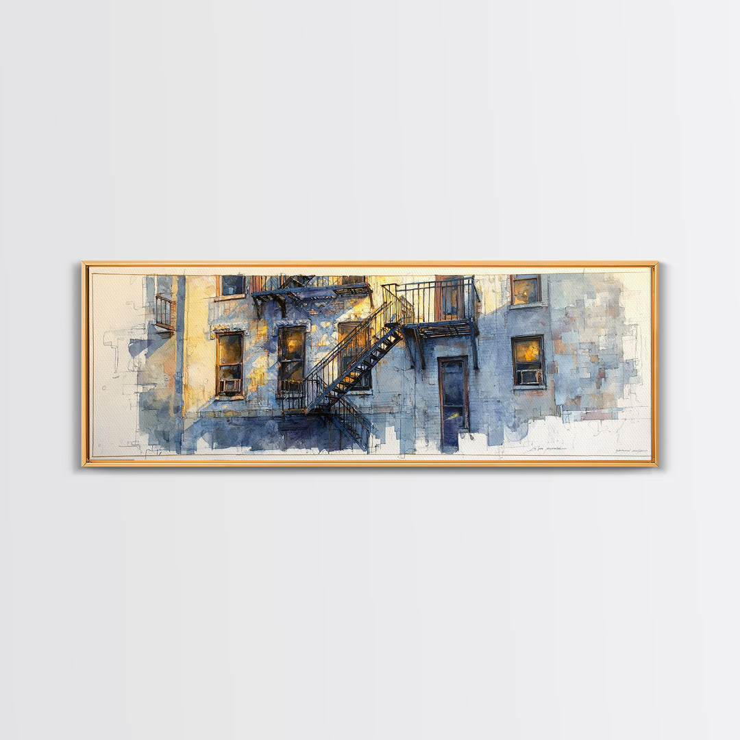 Fire Escape Silhouette Framed Canvas Print, Urban Art, Book Shelf Decor, Living Room Decor, Fine Art, Urban, Modern Decor, URB-3x1-90
