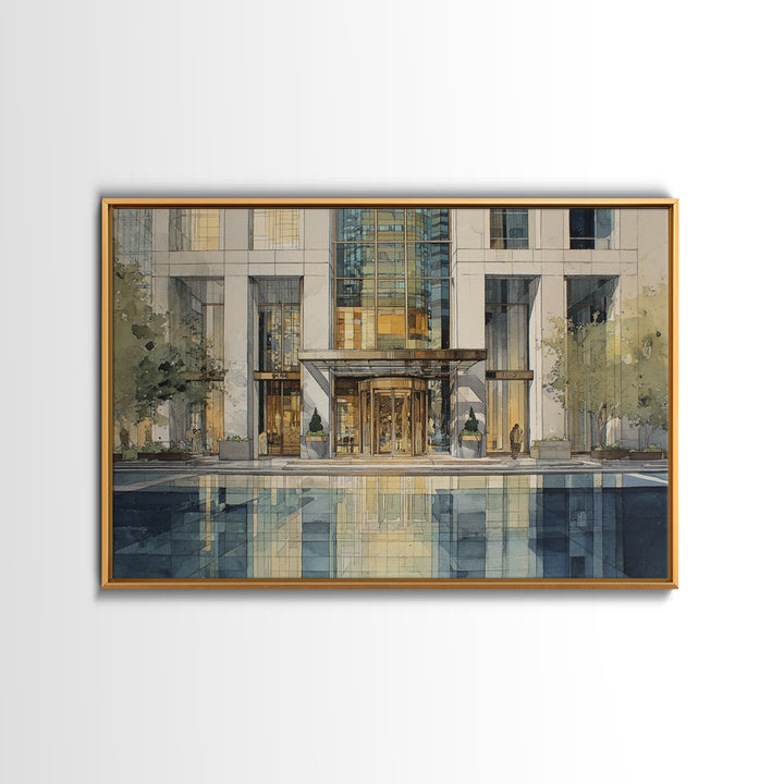 Modern Skyscraper Glass Reflections Framed Canvas Print, Urban Art, Art Deco, Living Room Decor, Urban, Book Shelf Decor, URB-3x2-18