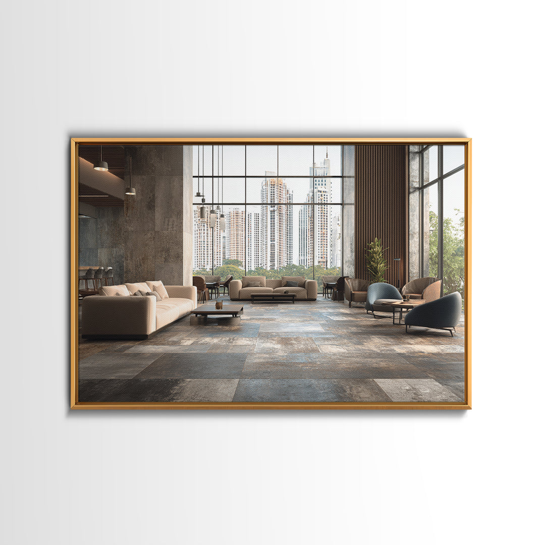 Moody City Skyline Reflected Framed Canvas Print, Urban Art, Black Art Prints, Living Room Decor, Urban, Neutral Decor, URB-3x2-5