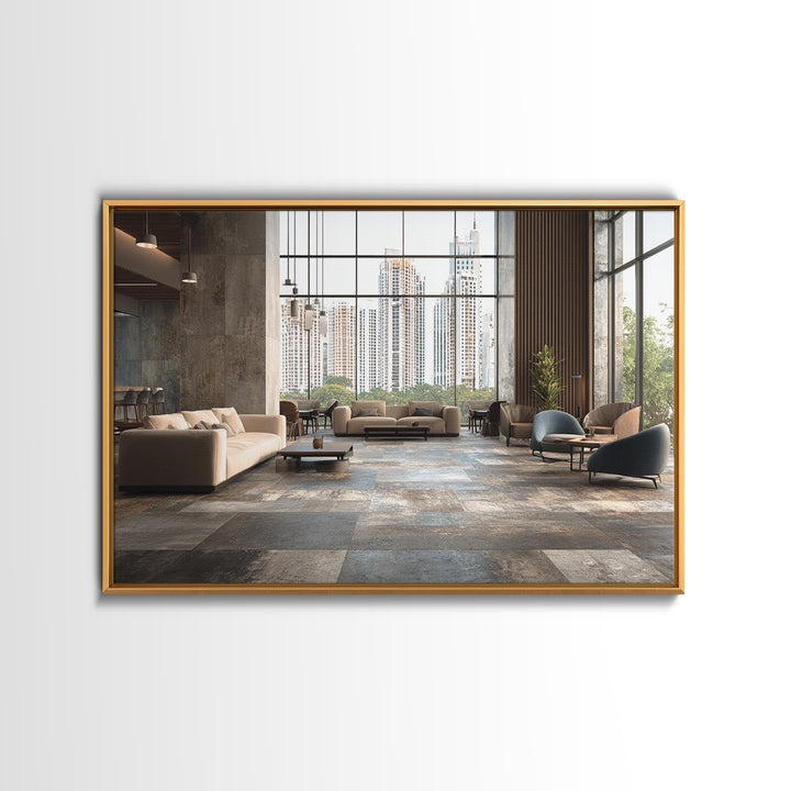 Moody City Skyline Reflected Framed Canvas Print, Urban Art, Black Art Prints, Living Room Decor, Urban, Neutral Decor, URB-3x2-5