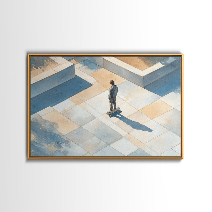 Skateboarder Crossing a Concrete Plaza Framed Canvas Print, Urban Art, Art Print, Living Room Decor, Oil Painting, Urban, URB-3x2-59