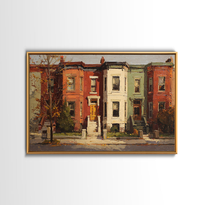 Brownstone Row in Soft Morning Light Framed Canvas Print, Urban Art, Gallery Decor, Living Room Decor, Abstract Art, Urban, URB-3x2-64