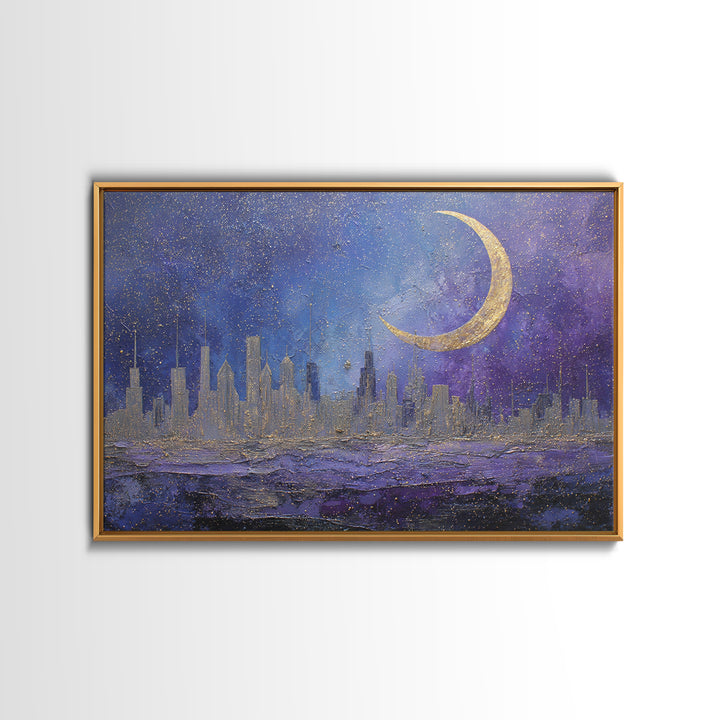 Night Skyline under Crescent Moon Canvas Print, Urban Art, Basketball Wall Art, Living Room Decor, Abstract Art, Urban, URB-3x2-76