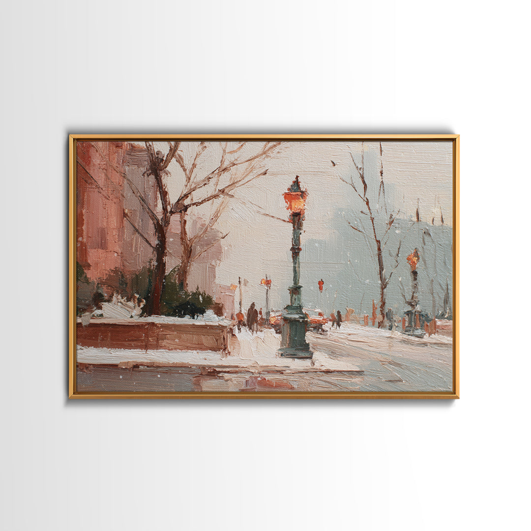 Streetlamp and Falling Snow Canvas Print, Urban Art, Basketball Wall Art, Living Room Decor, Oil Painting, Urban, URB-3x2-89