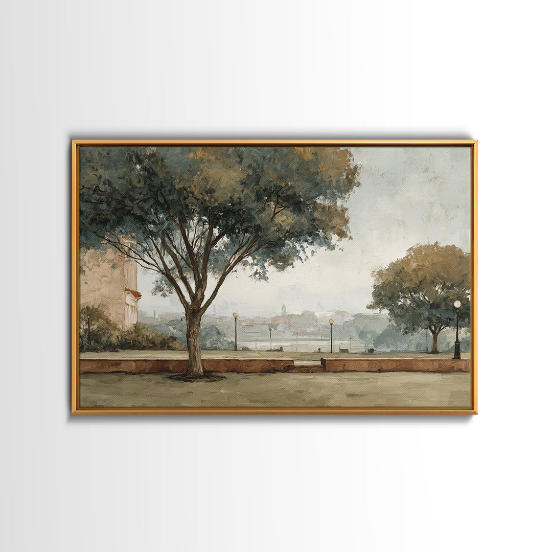 City Park Tree Framed by Buildings Canvas Print, Urban Art, Book Shelf Decor, Living Room Decor, Abstract Art, Urban, URB-3x2-94