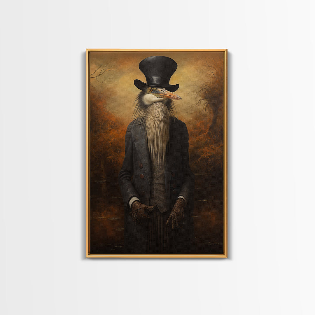 Heron Naturalist, Victorian Animal Portrait, Halloween Art, Gothic Whimsy Decor, Anthropomorphic Costume Art