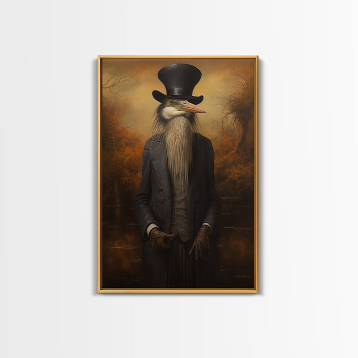 Heron Naturalist, Victorian Animal Portrait, Halloween Art, Gothic Whimsy Decor, Anthropomorphic Costume Art
