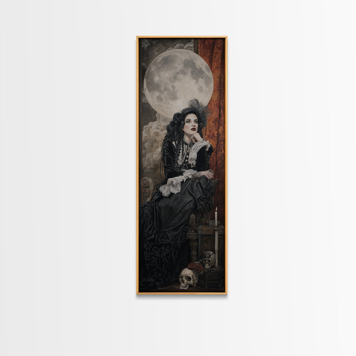 The Moonlit Witch, Dark Academia Wall Art, Tall Narrow Wall Art, Canvas Print, Gothic Wall Decor, Halloween Portrait Art