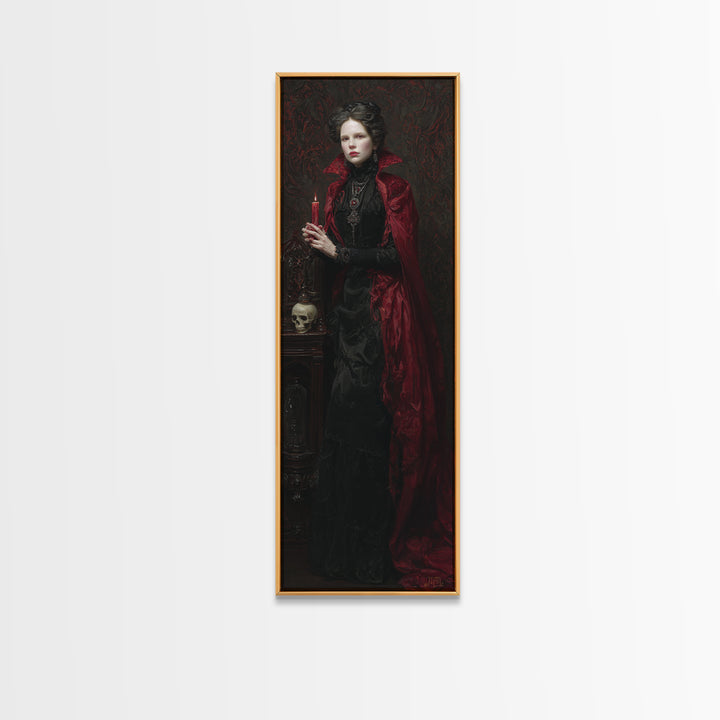 The Crimson Vampire, Antique Gothic Portrait, Tall Narrow Wall Art, Canvas Print, Gothic Wall Decor, Halloween Portrait Art