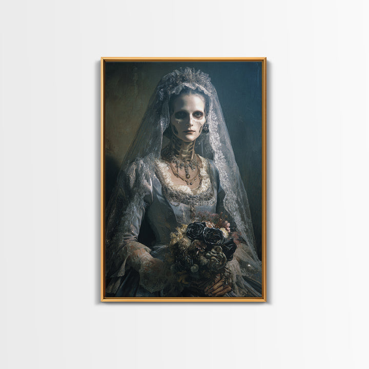 The Skeletal Bride, Dark Academia Wall Art, Vertical Wall Art, Framed Canvas Print, Gothic Wall Decor, Halloween Portrait Art