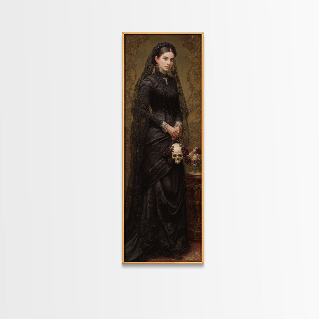 The Skeletal Bride, Dark Academia Wall Art, Tall Narrow Wall Art, Canvas Print, Gothic Wall Decor, Halloween Portrait Art