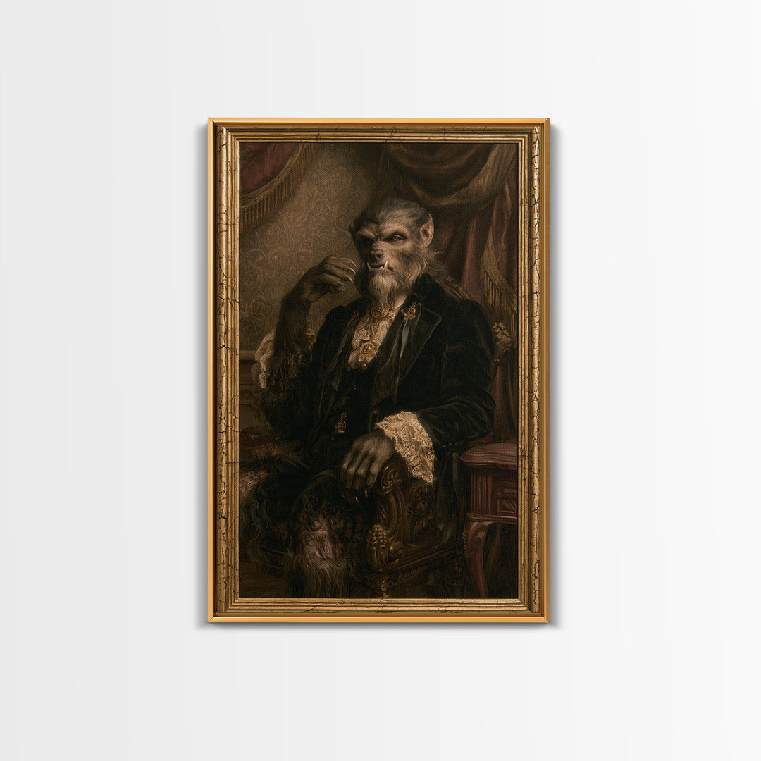 The Moon-Cursed Werewolf, Victorian Horror Portrait, Vertical Wall Art, Canvas Print, Gothic Wall Decor, Halloween Portrait Art