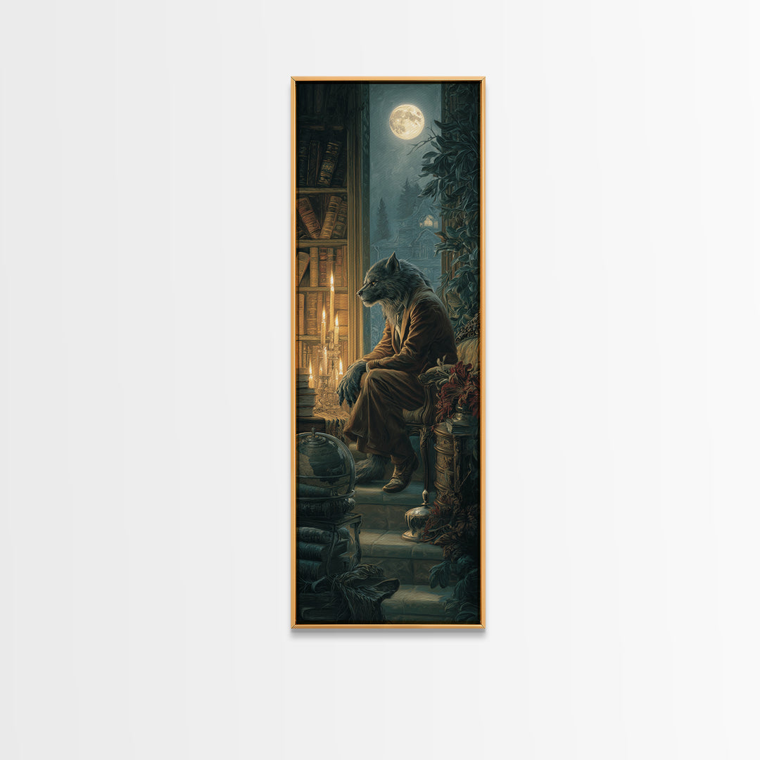 The Moon-Cursed Werewolf, Dark Academia Wall Art, Tall Narrow Wall Art, Framed Canvas Print, Gothic Wall Decor, Halloween Portrait Art