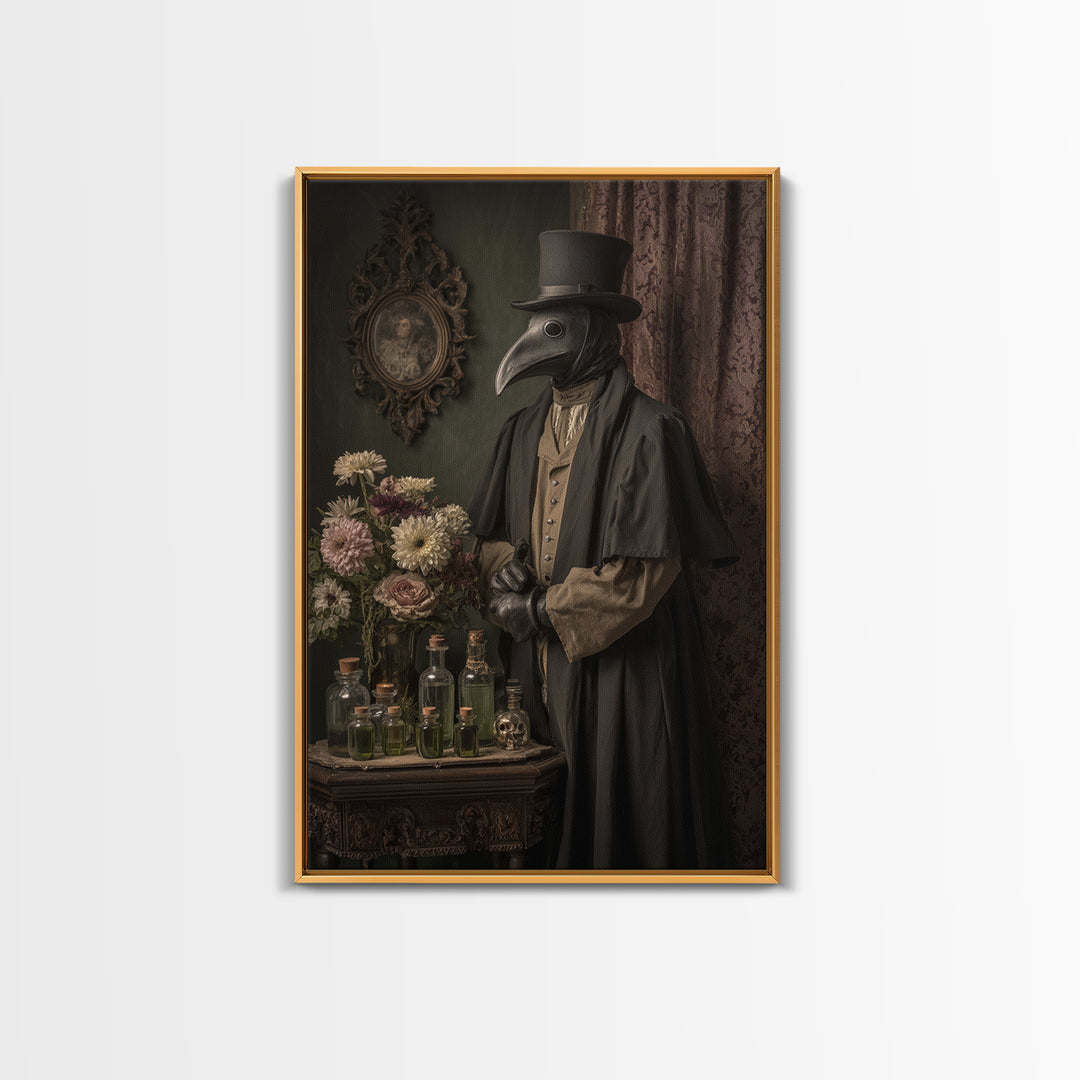 The Plague Doctor, Macabre Victorian Decor, Vertical Wall Art, Framed Canvas Print, Gothic Wall Decor, Halloween Portrait Art