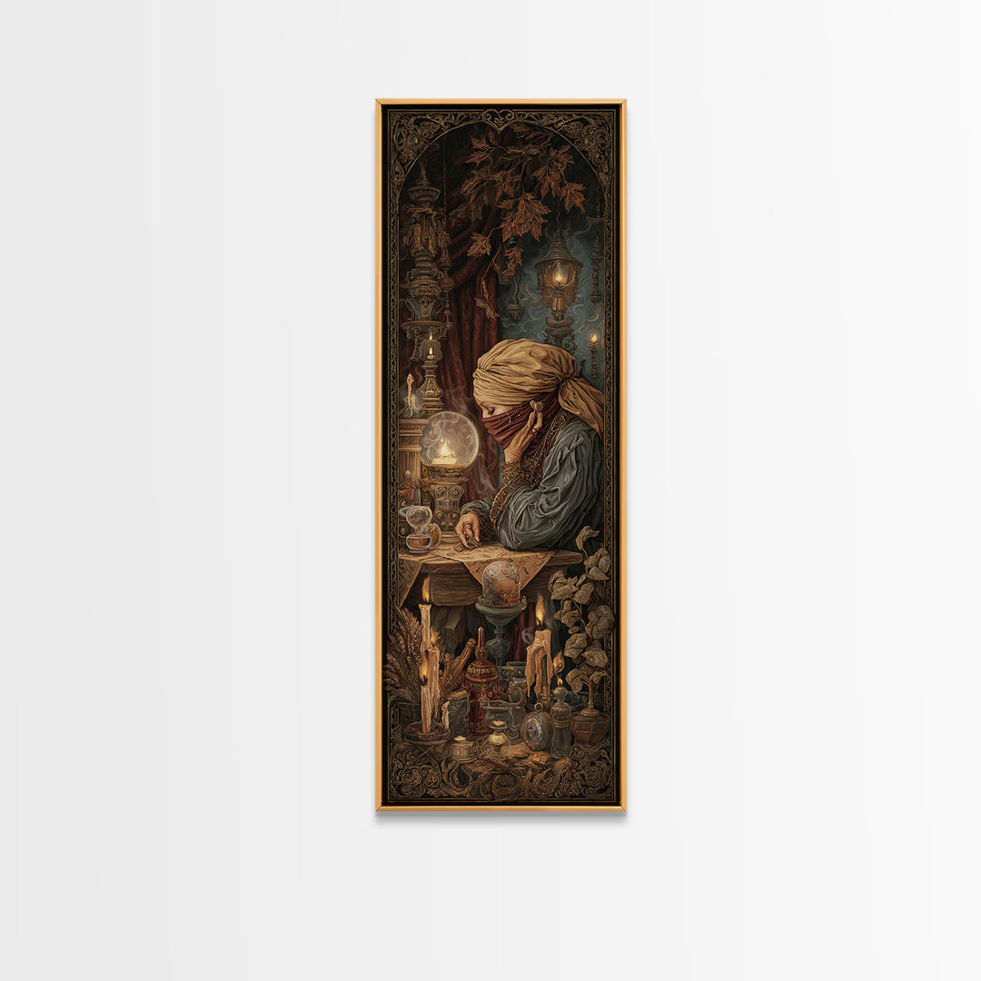 The Midnight Fortune Teller, Victorian Gothic Art, Tall Narrow Wall Art, Framed Canvas Print, Gothic Wall Decor, Halloween Portrait Art