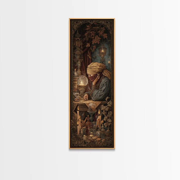 The Midnight Fortune Teller, Victorian Gothic Art, Tall Narrow Wall Art, Framed Canvas Print, Gothic Wall Decor, Halloween Portrait Art