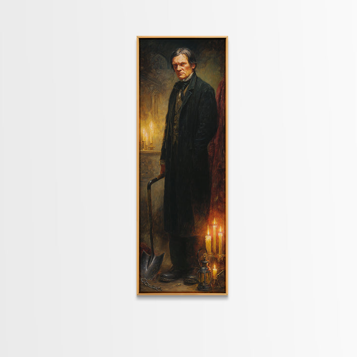 The Lantern Gravedigger, Victorian Gothic Art, Tall Narrow Wall Art, Framed Canvas Print, Gothic Wall Decor, Halloween Portrait Art
