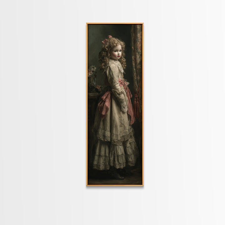 The Haunted Porcelain Doll, Antique Gothic Portrait, Tall Narrow Wall Art, Framed Canvas Print, Gothic Wall Decor, Halloween Portrait Art
