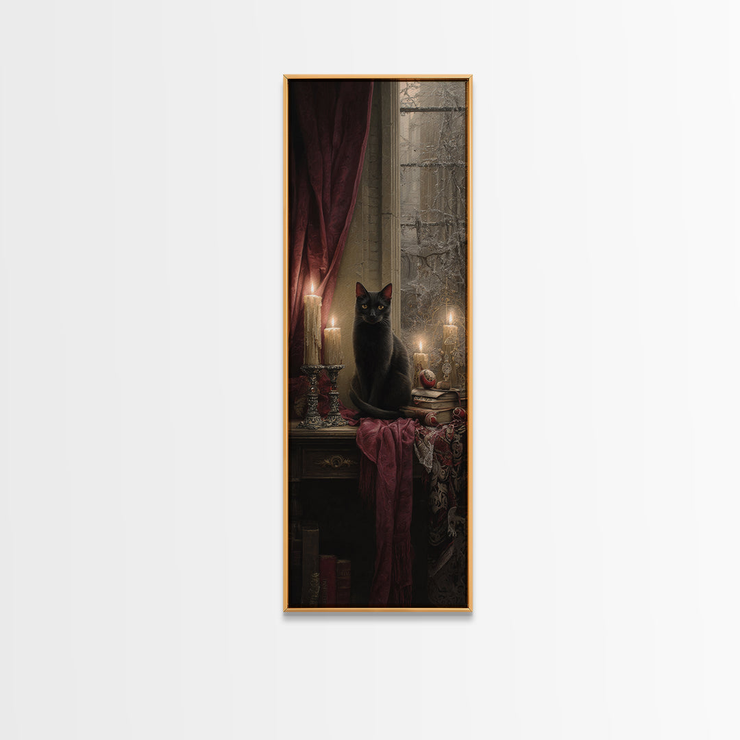 The Black Cat Familiar, Macabre Victorian Decor, Tall Narrow Wall Art, Canvas Print, Gothic Wall Decor, Halloween Portrait Art
