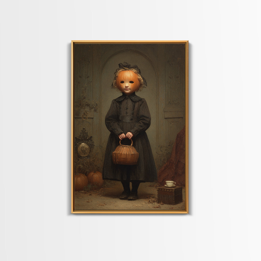 The Pumpkin-Headed Child, Dark Academia Wall Art, Vertical Wall Art, Canvas Print, Gothic Wall Decor, Halloween Portrait Art