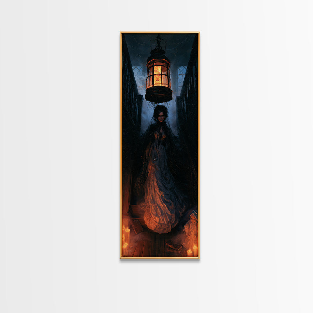 The Lantern Specter, Dark Academia Wall Art, Tall Narrow Wall Art, Framed Canvas Print, Gothic Wall Decor, Halloween Portrait Art